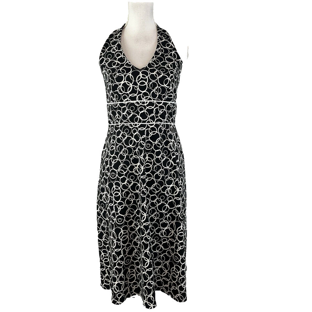 AB Studio Halter Dress size 6 Black White Circles Wedding Guest Beach Vacation